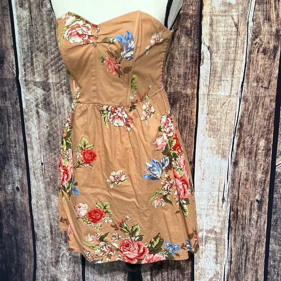 Xhilaration Tan Floral Corset Top Strapless Summer Dress with Pockets - sz MED - Picture 3 of 14
